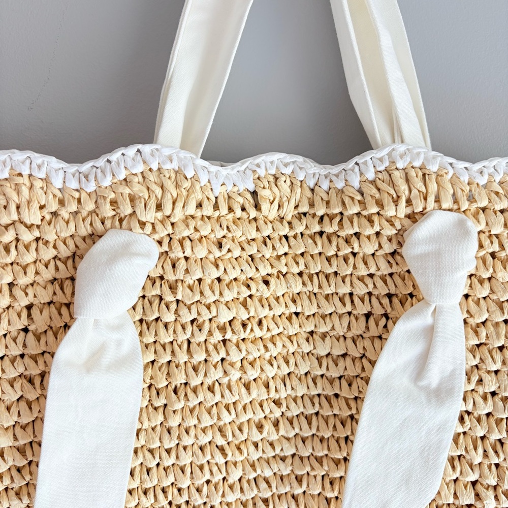 Mark and Graham White Ribbon Scalloped Raffia Tote Purse Bag New, no tags - Picture 2 of 13